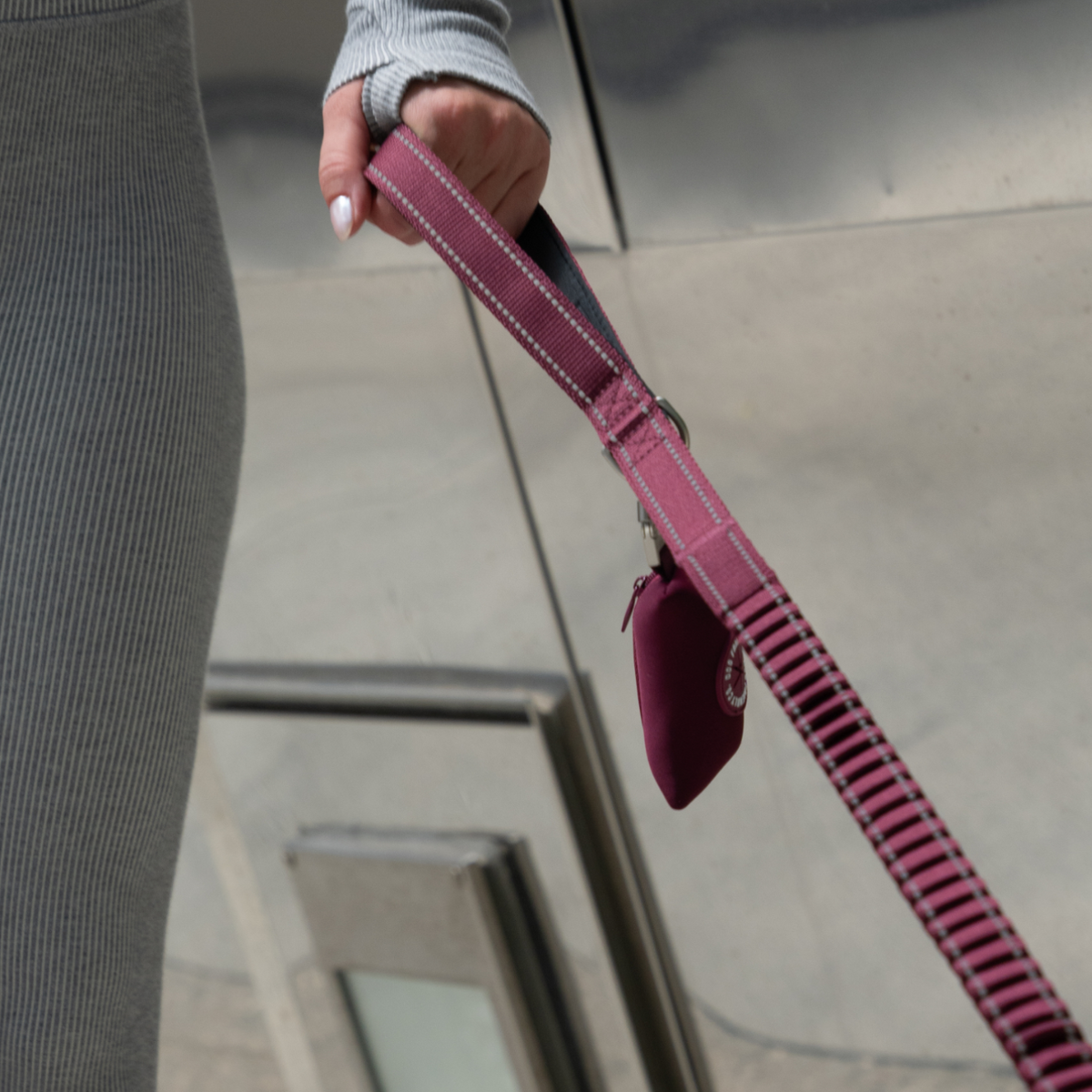 BUrgundy poop bag holder attached to a hands-free dog leash worn around the waist