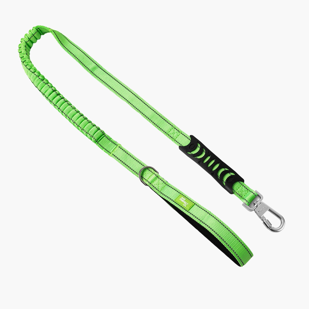 Neon green bungee dog leash with padded handle, shock-absorbing bungee and heavy-duty clip.