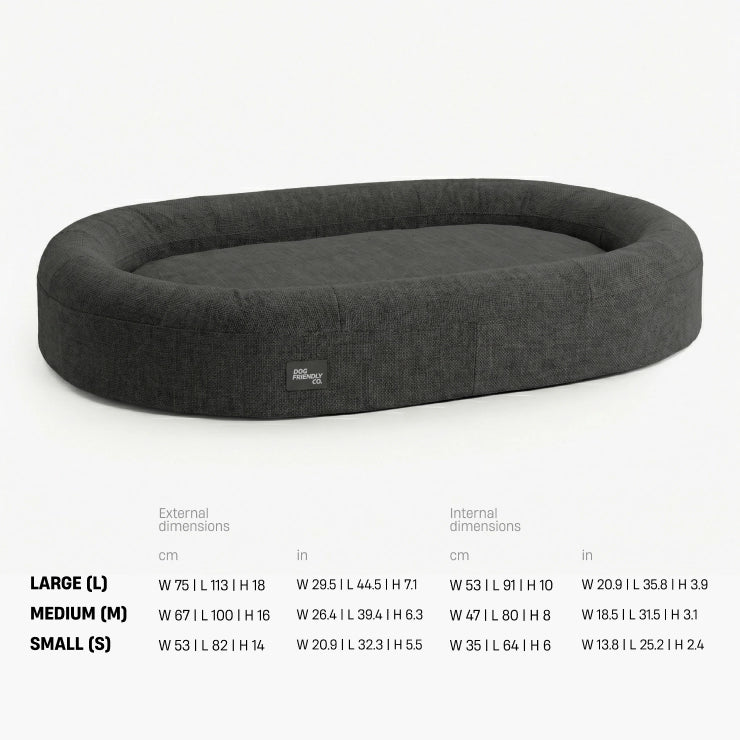 Chill Pill dog bed size chart showing Large, Medium and Small bed dimensions and recommended breeds