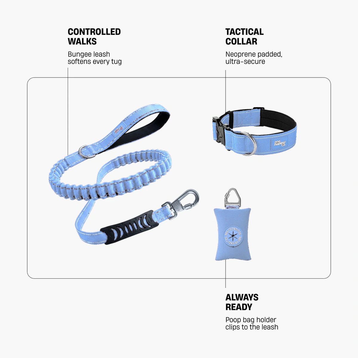 Collar Walk Set in Air. Controlled walks: bungee leash softens every tug. Tactical collar: neoprene padded, ultra-secure. Always ready: poop bag holder clips to the leash.