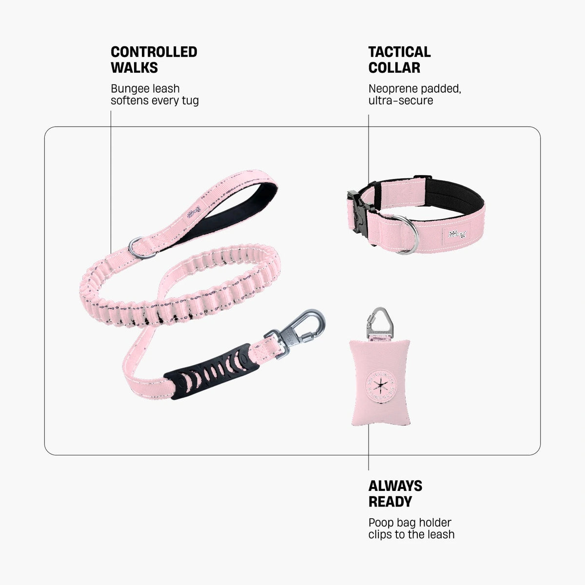Collar Walk Set in Sakura. Controlled walks: bungee leash softens every tug. Tactical collar: neoprene padded, ultra-secure. Always ready: poop bag holder clips to the leash.