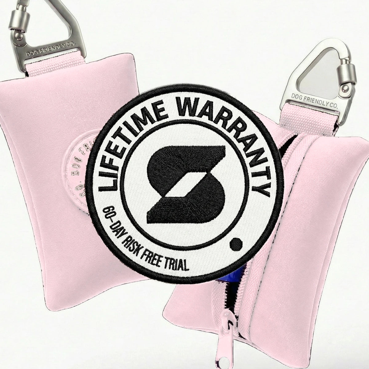 Lifetime Warranty, 60-day risk free trial badge over the Sakura poop bag holder