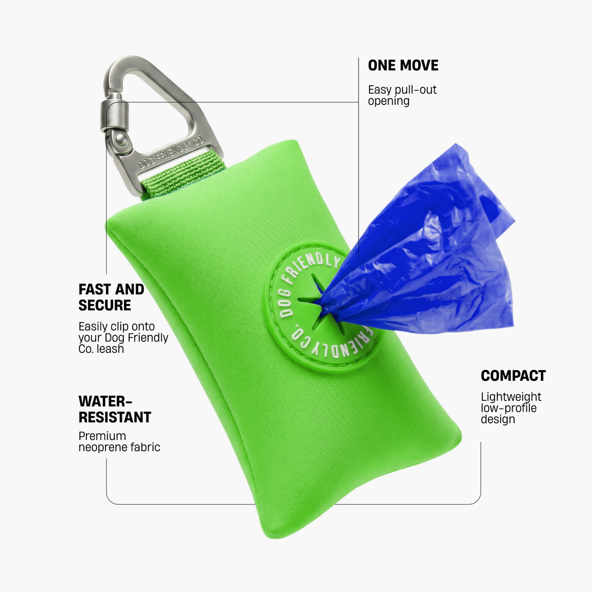 Neon green poop bag holder showing secure leash clip, easy pull-out opening, water-resistant neoprene fabric, and compact lightweight design