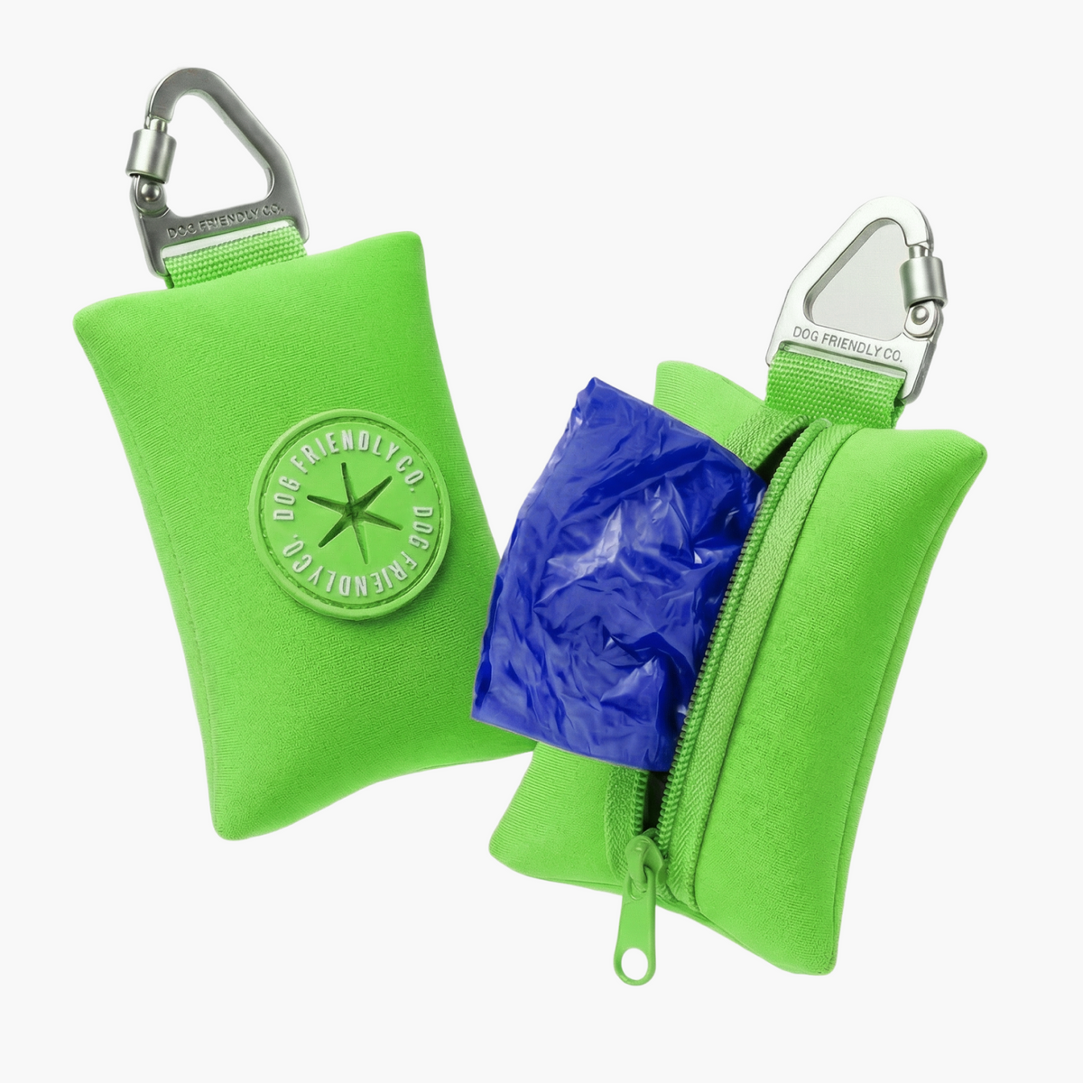 Neon green poop bag holder showing a blue poop bag being dispensed from the zippered compartment