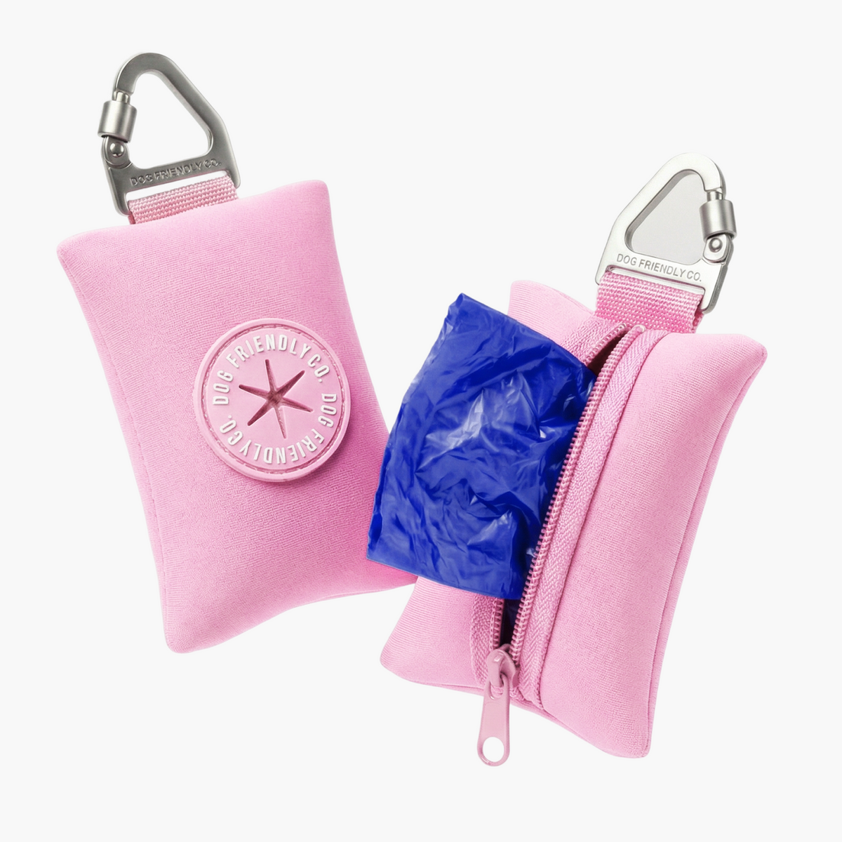 Pink poop bag holder showing a blue poop bag being dispensed from the zippered compartment