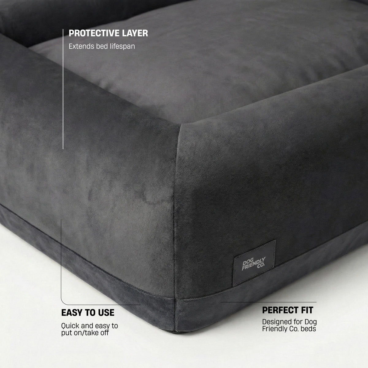 Charcoal replacement cover showing its fitted design, velvet lining, machine-washable fabric, and protective function.