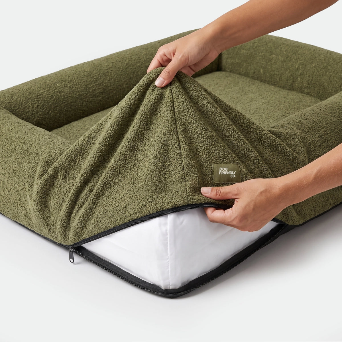 Green bouclé replacement cover fitted over a Dog Friendly Co. dog bed.
