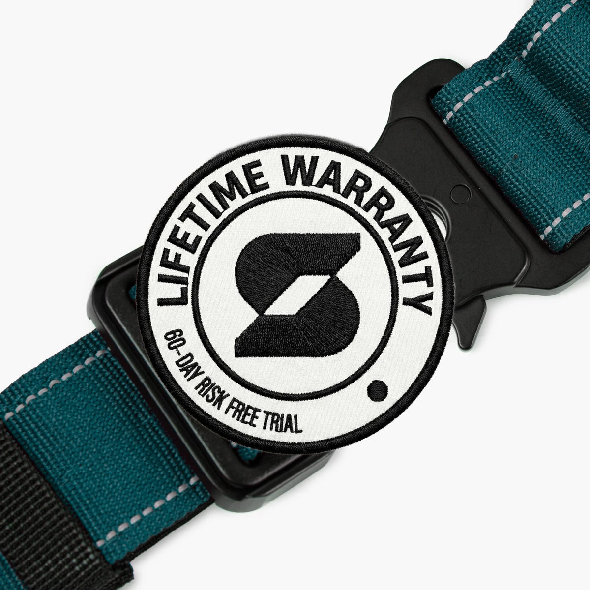 Lifetime Warranty, 60-day risk free trial badge over the Forest tactical collar buckle