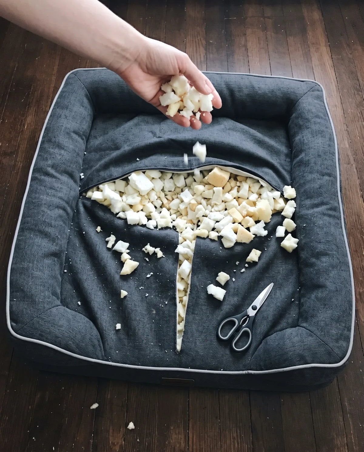 A dog bed cut open on a kitchen floor, the shredded foam filling spilling out of it.